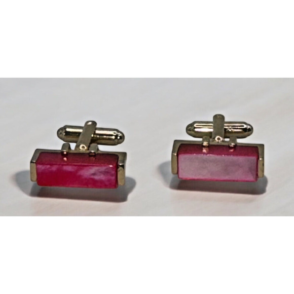 Vintage Gold Tone Glass Stone Red/Pink Rectangle Cufflinks Markers Mark "S" - Picture 4 of 7